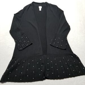 Chicos 3P (XL Petite) Cardigan Sweater Pearl Beaded Pleated Hem Cotton Blend